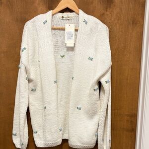 110. Fanm Mon White Cardigan with Blue and Green Embroidery